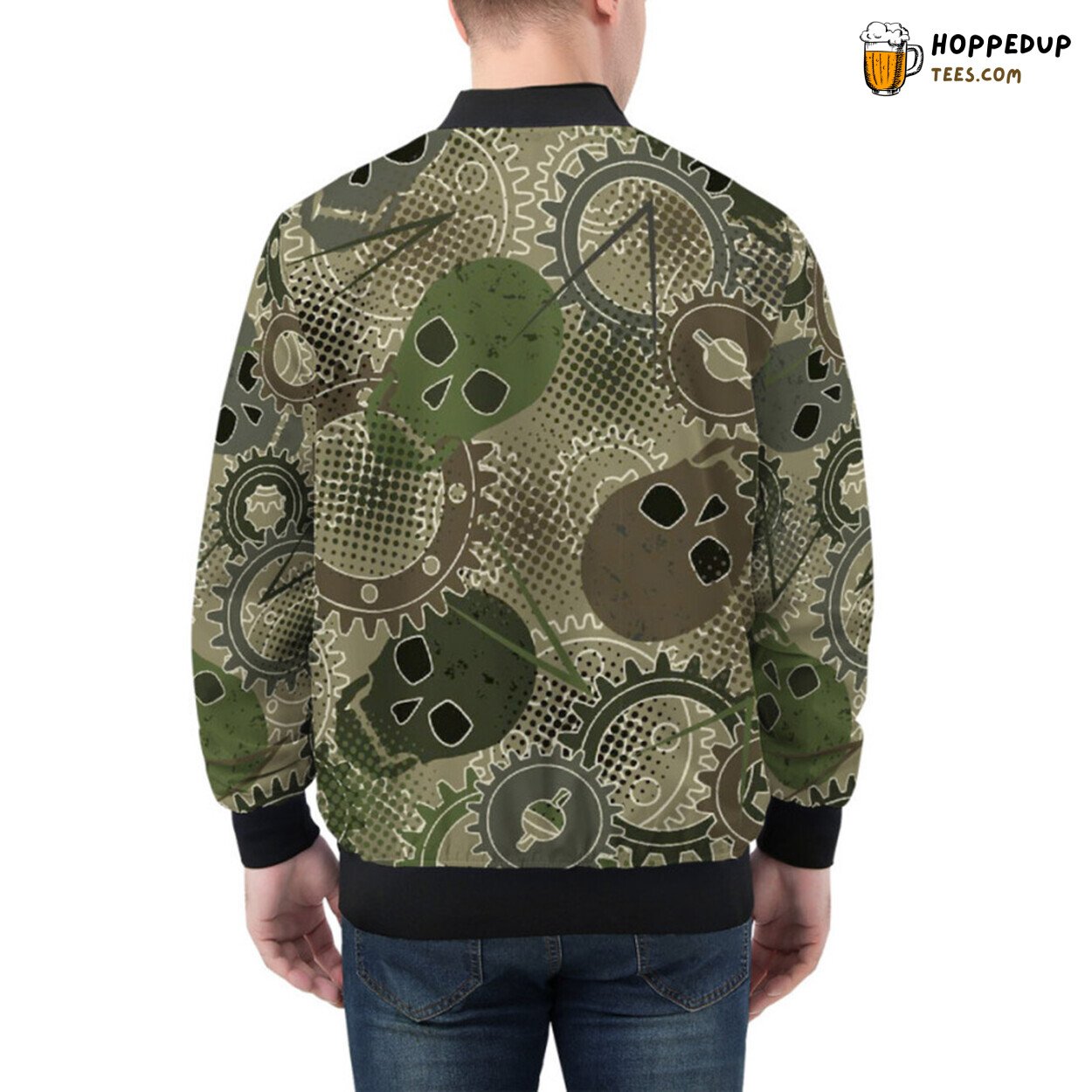 Bomber Jacket with Camouflaged Design Infused with Gears Skulls
