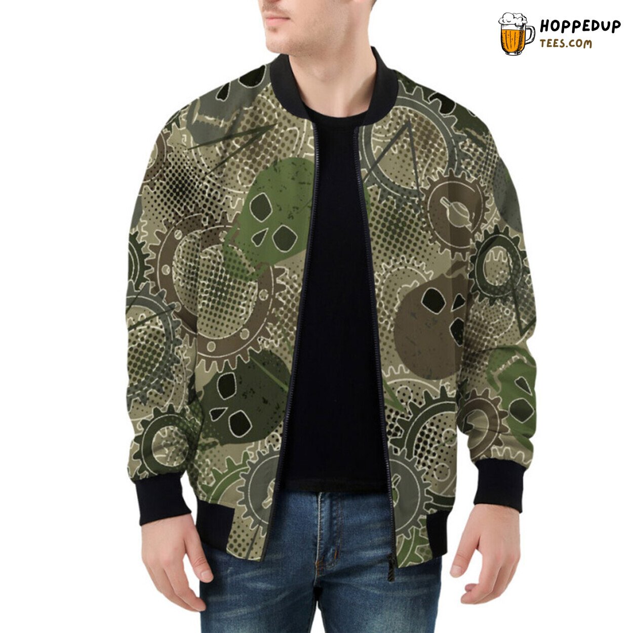 Bomber Jacket with Camouflaged Design Infused with Gears Skulls