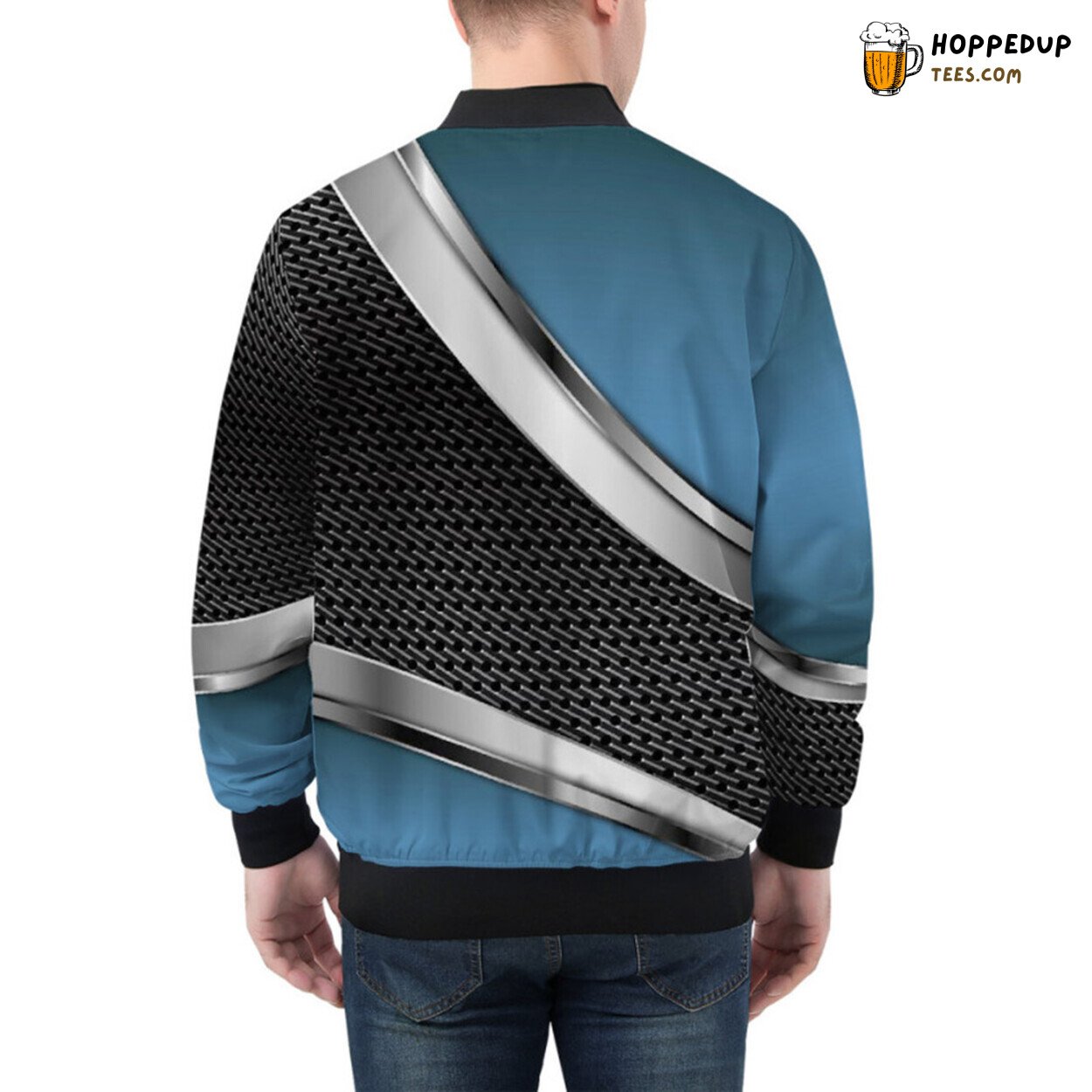 Bomber Jacket with Elegant Blue Metallic Carbon Surface Pattern
