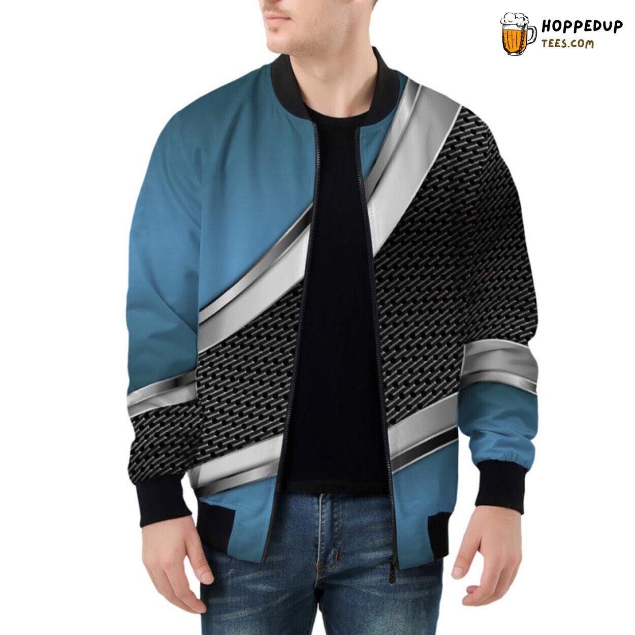 Bomber Jacket with Elegant Blue Metallic Carbon Surface Pattern