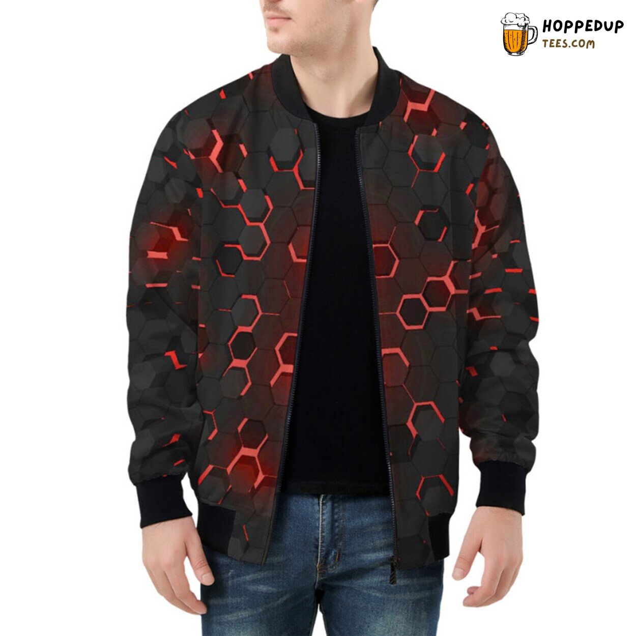 Bomber Jacket with Intricate Red 3D Hexagon Tech Patterns