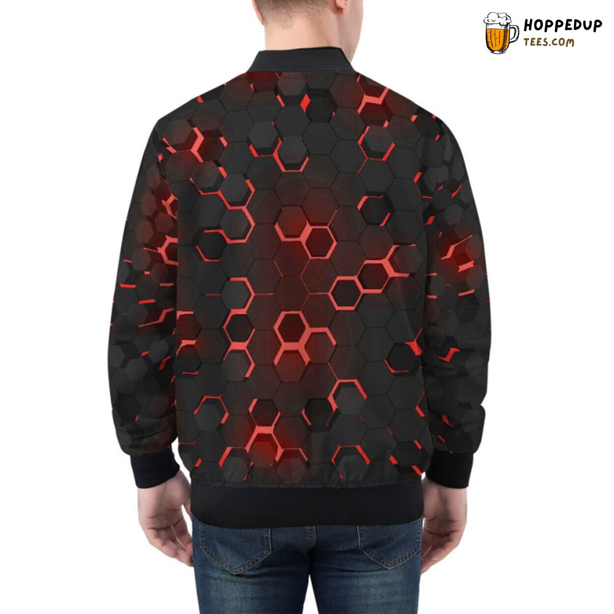 Bomber Jacket with Intricate Red 3D Hexagon Tech Patterns