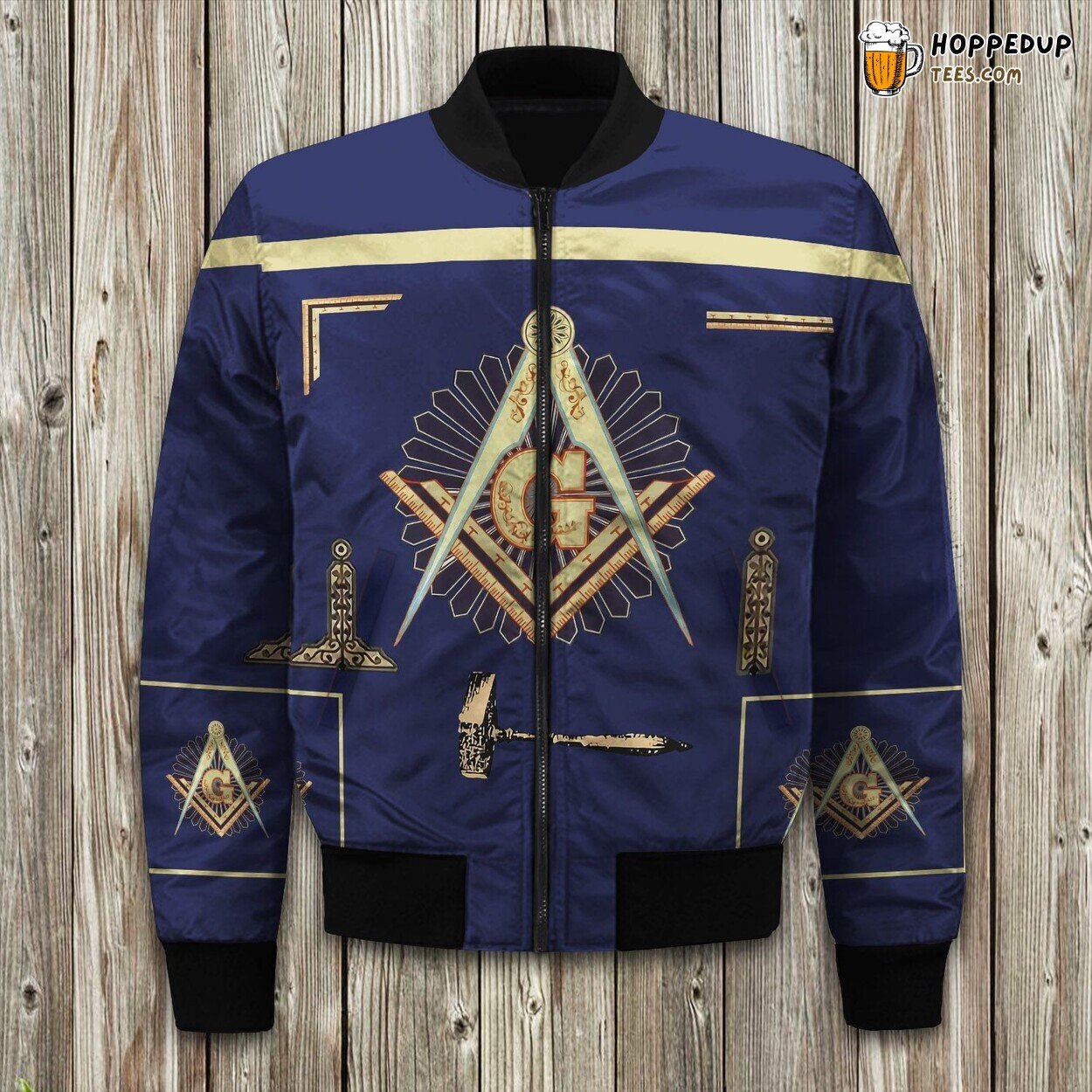 Bomber Winter Jacket Highlighted with Freemason Symbolic Art