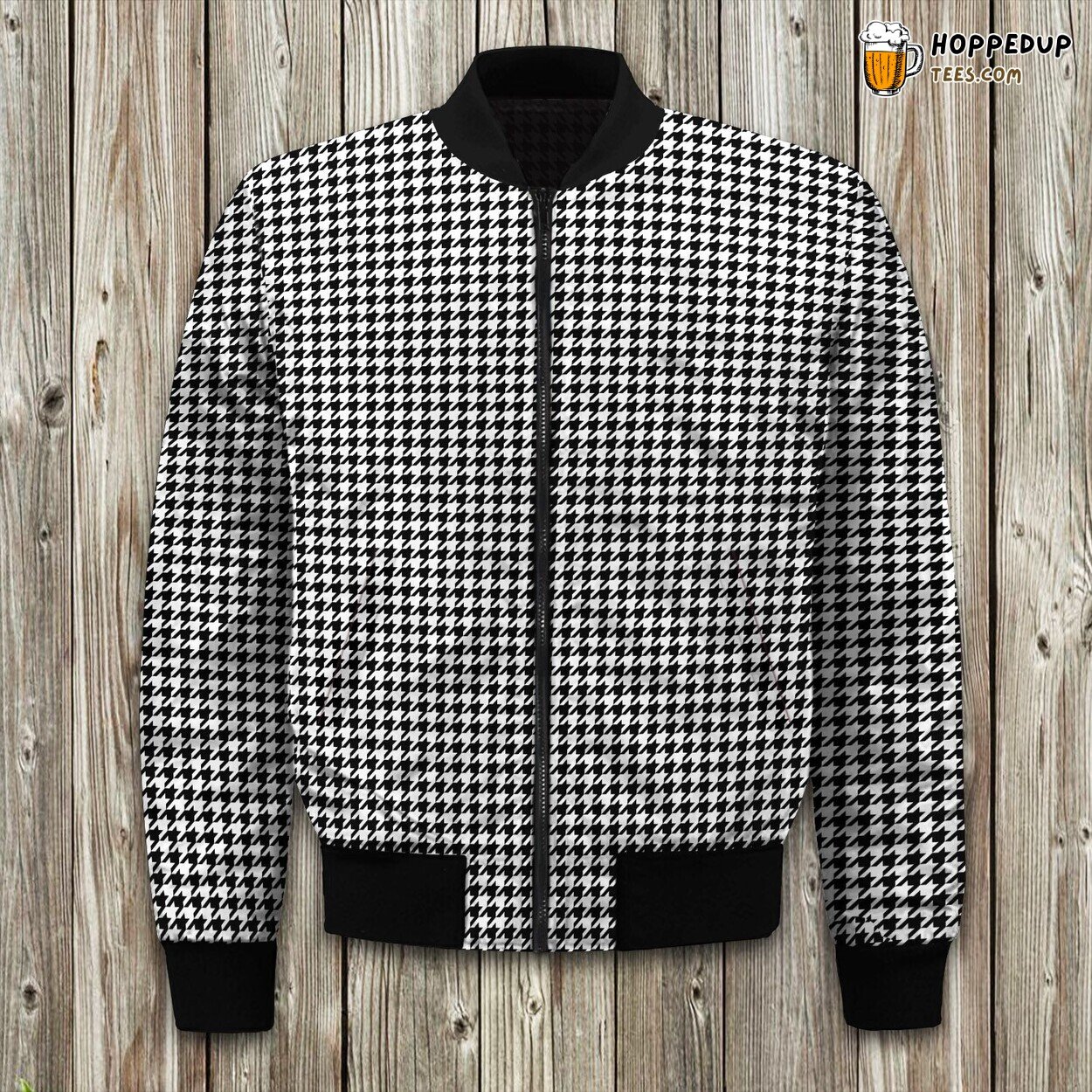 Bomber Winter Jacket Houndstooth Black White Fabric Pattern Coat