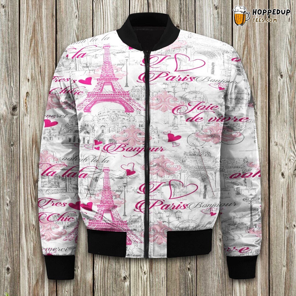 Bonjour Paris Theme Winter Bomber Jacket French Capital Elegance