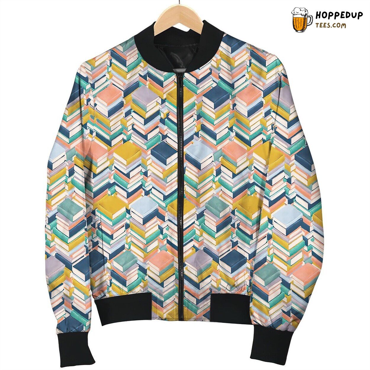 Book Stacks In Mustard Coral And Navy Bomber Jacket