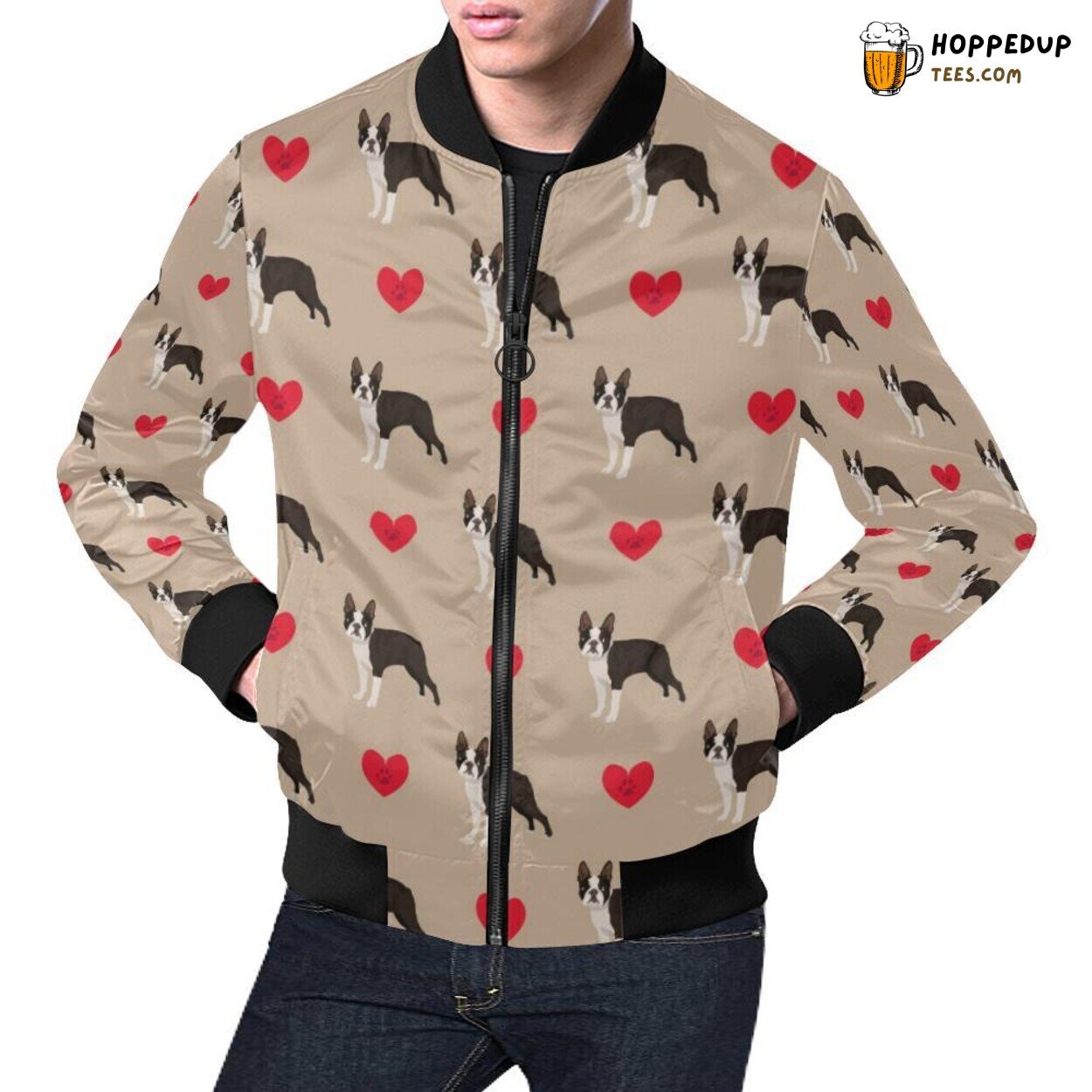 Boston Terrier Heart Paw Pattern Print Men’s Bomber Jacket Design Boston Terrier Heart Paw Pattern Print Men’s Bomber Jacket Design