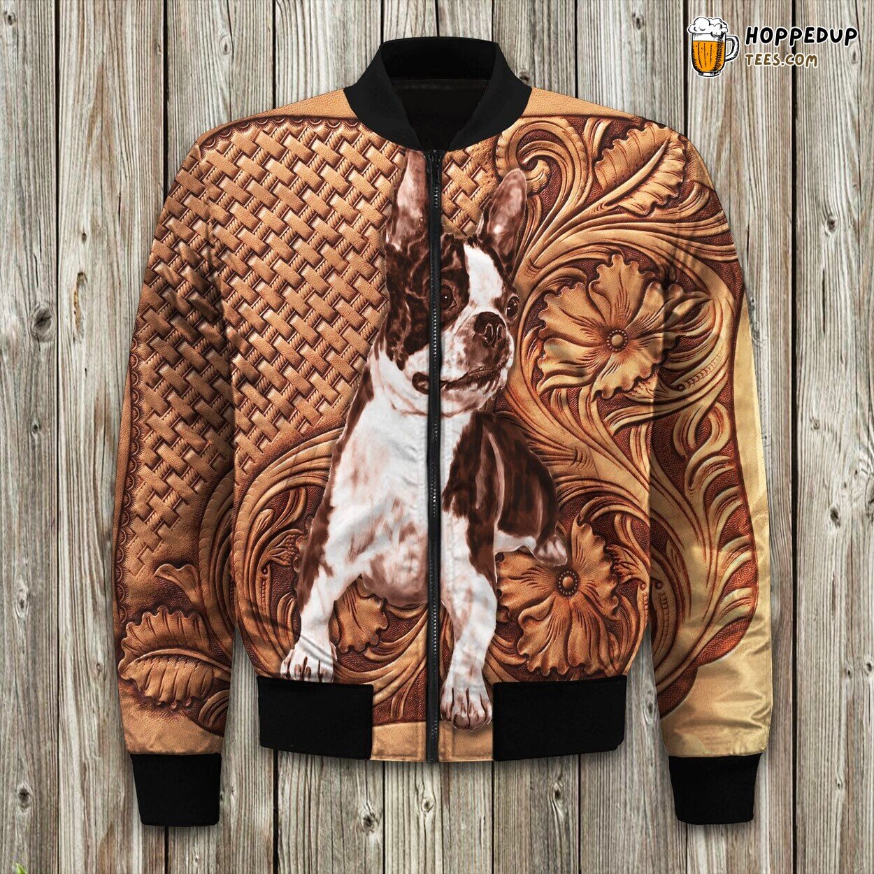 Boston Terrier Wood Mandala Bomber Jacket