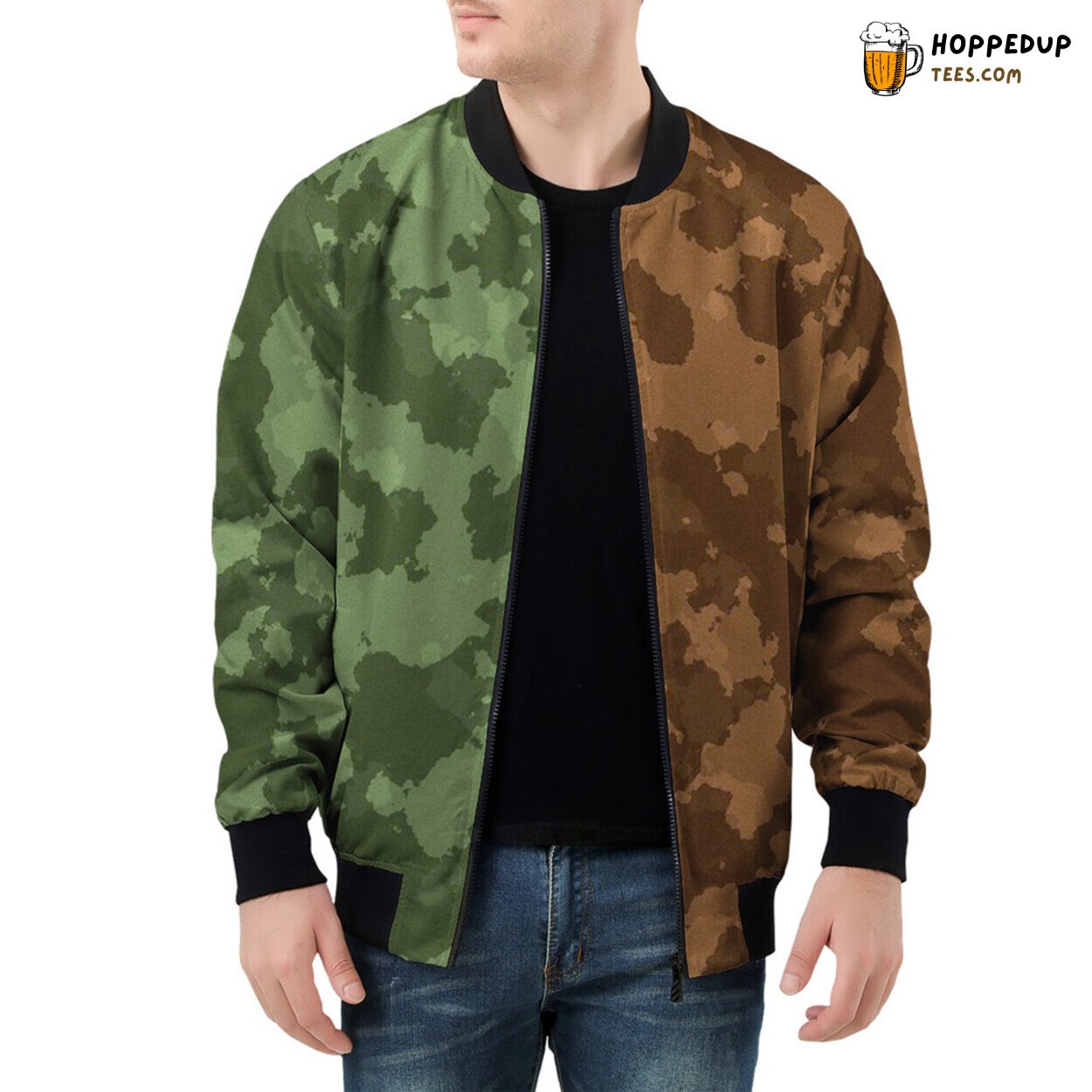 Both Sides Engage in Camouflage Print on Men’s Bomber Jacket