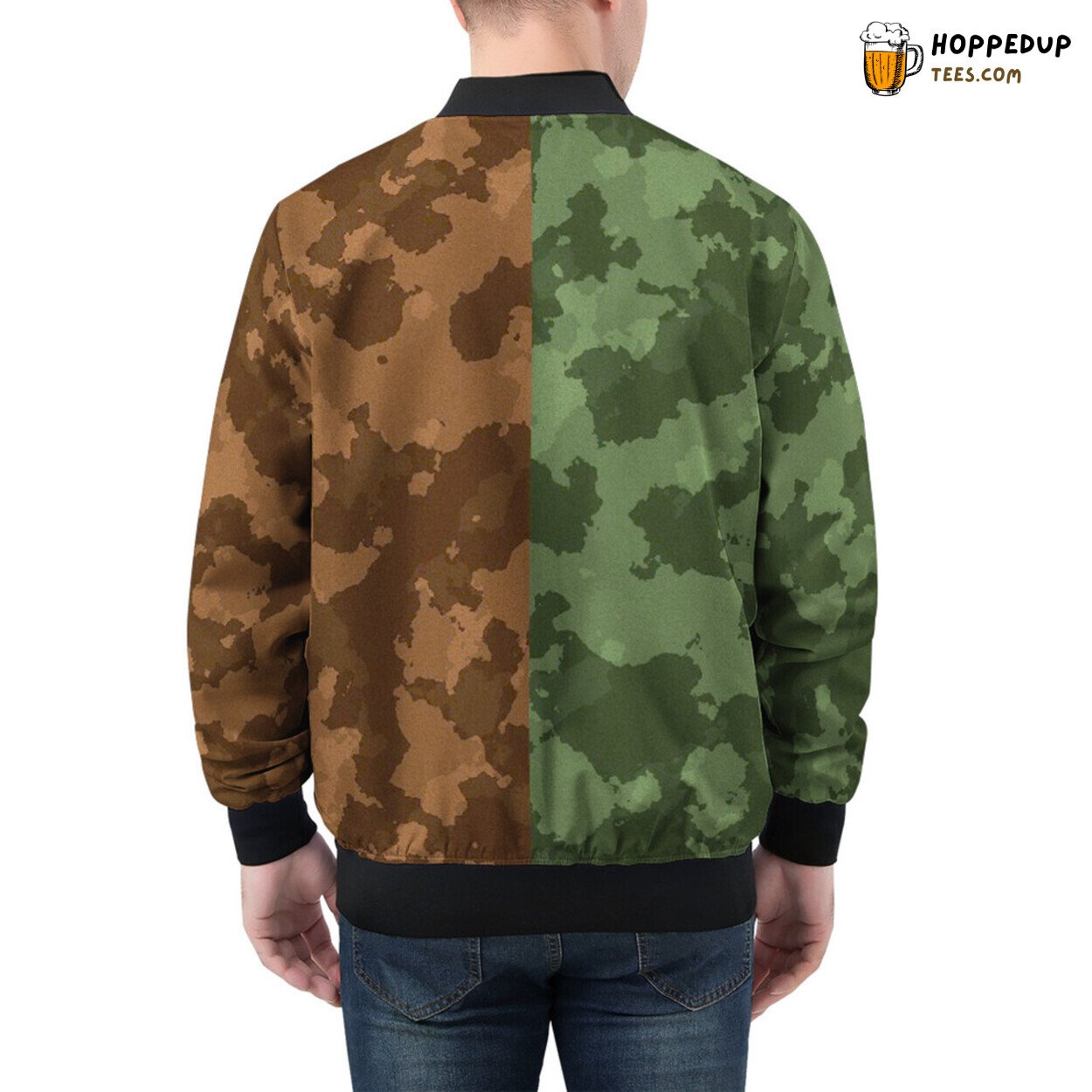 Both Sides Engage in Camouflage Print on Men’s Bomber Jacket