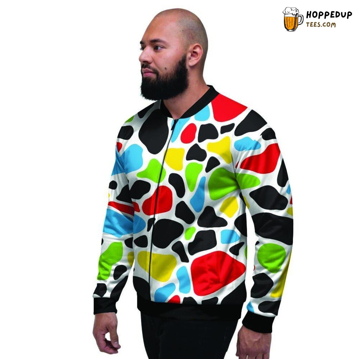 Bovine Patterns Display Vibrant Cow Art Men’s Bomber Jacket Pastoral Colors