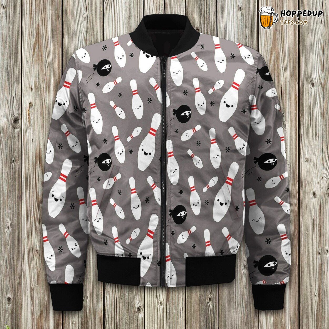 Bowling in Grey Tones Bomber Jacket Winter Sports Elegance on Trendy Fabric
