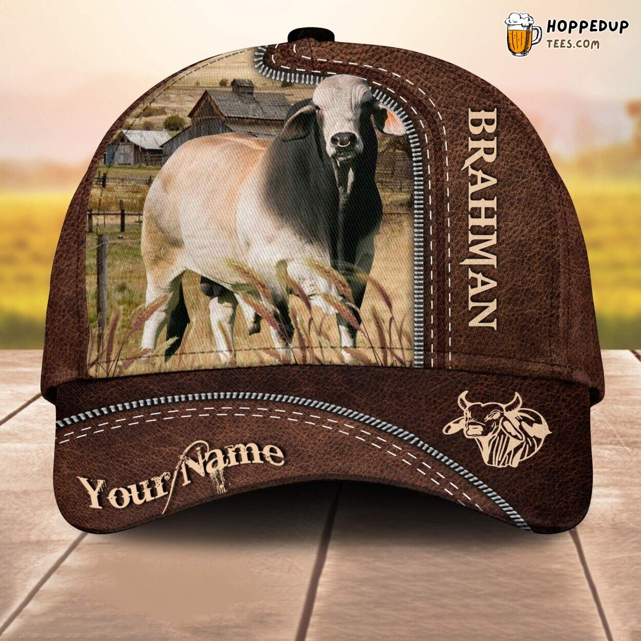 Brahman Customized Name Leather Pattern 3D Baseball Cap Unique Farm Lovers Design