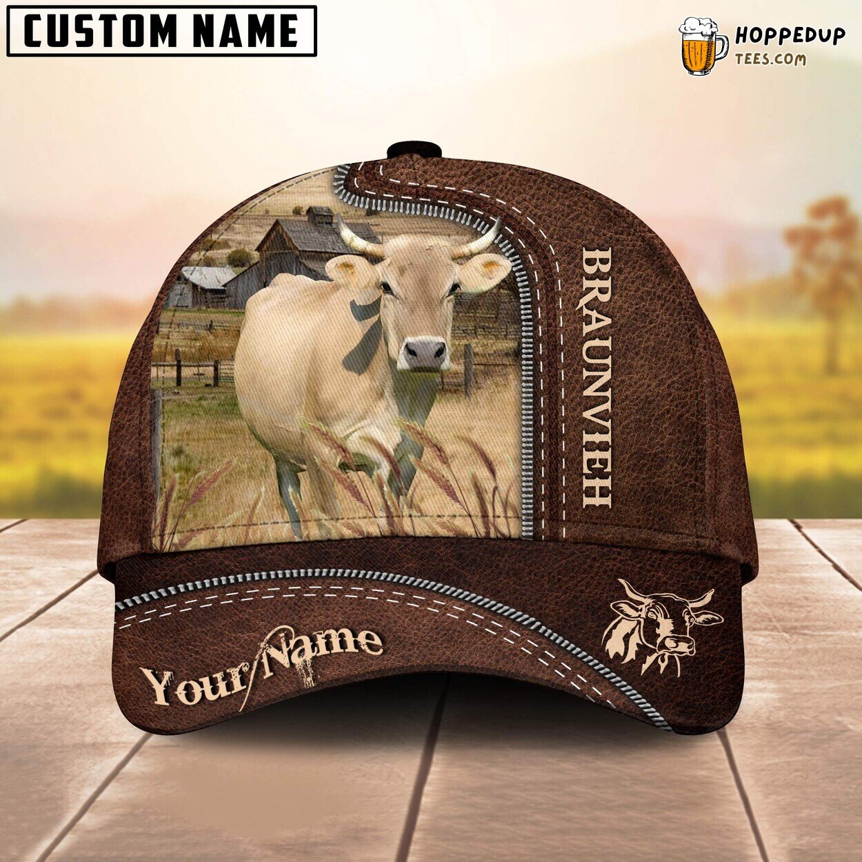 Braunvieh 3D Cap Leather Pattern Farm Lovers Animal Baseball Design