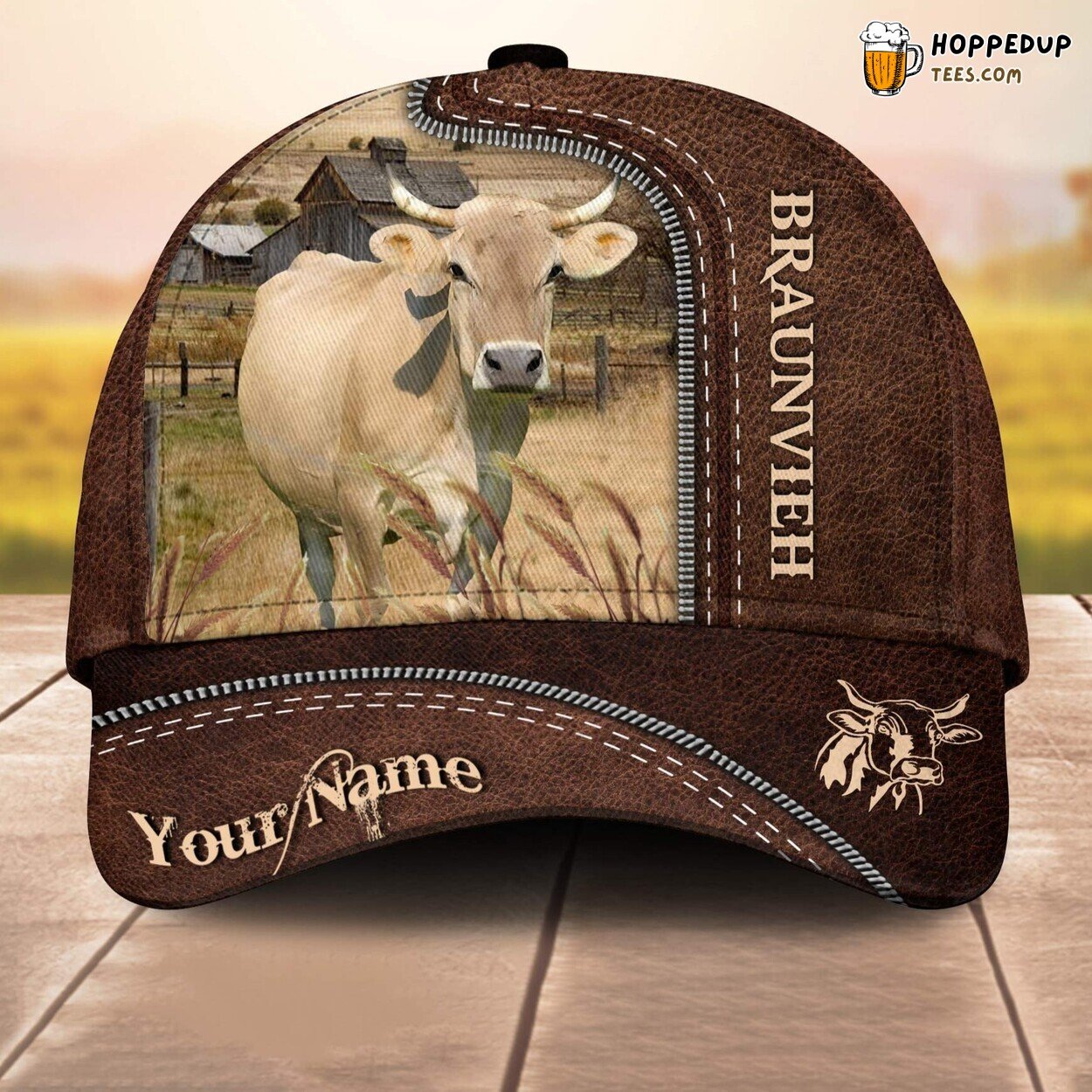 Braunvieh Brownie 3D Leather Pattern Custom Cap Baseball Animal Farm Lovers