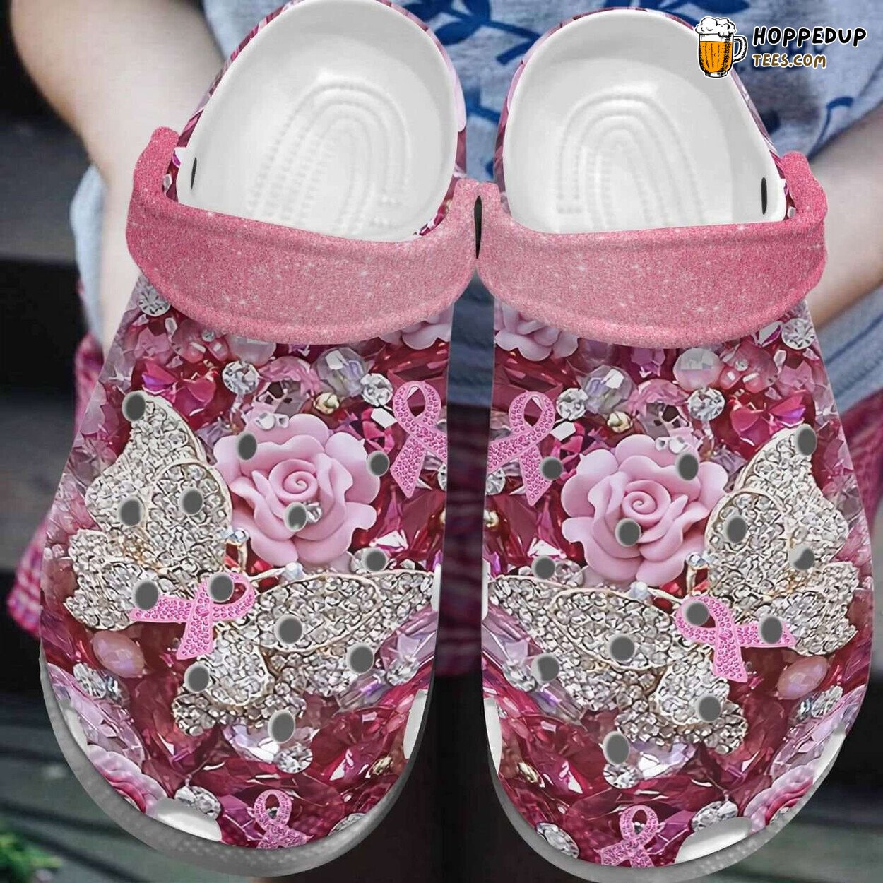 Breast Cancer Butterfly Rose Themed Comfortable Unique Clogs Shoes