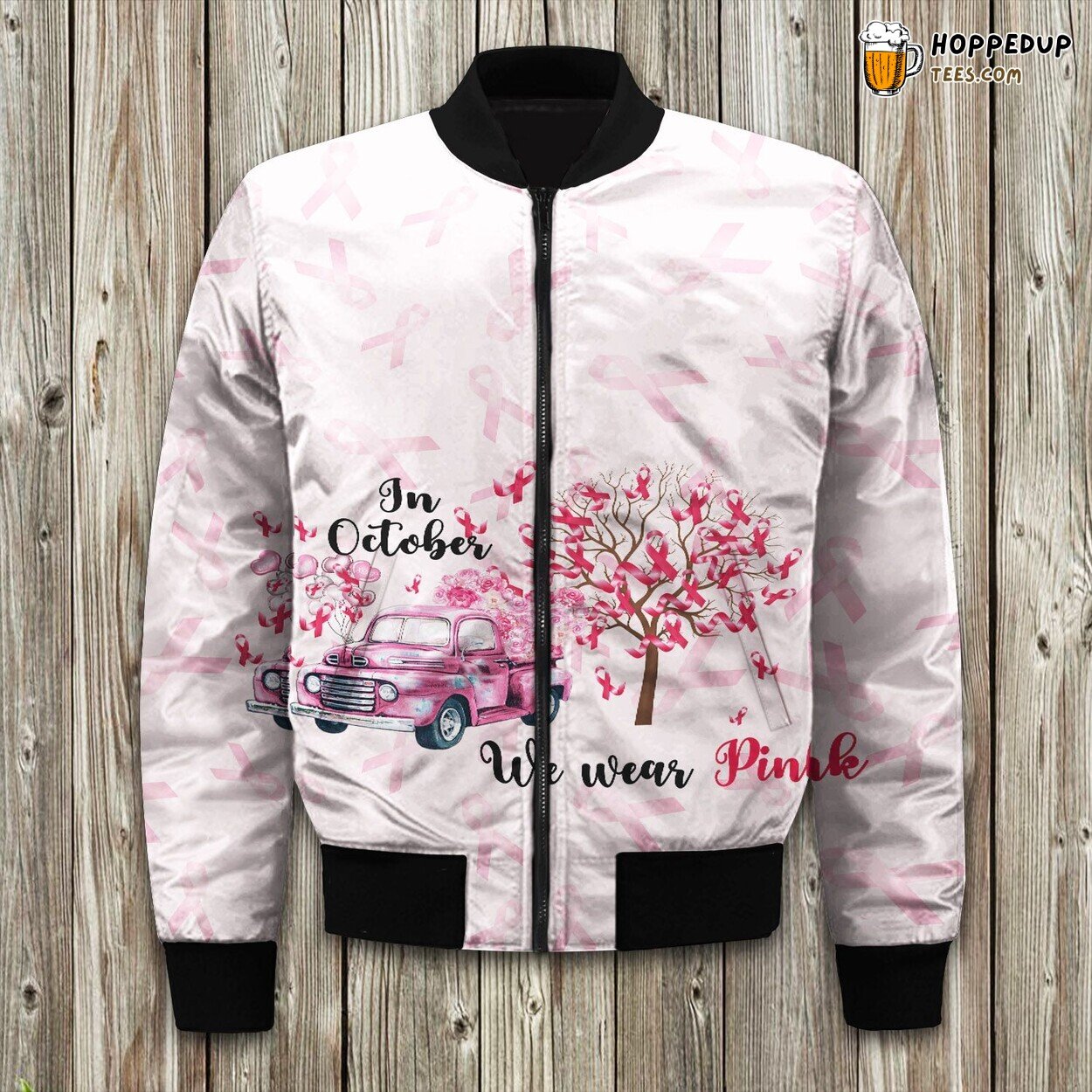 Breast Cancer Ribbons Adorning Winter Bomber Jacket Art