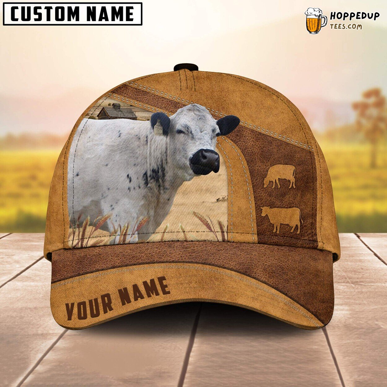 British White No Horns Retro 3D Custom Cap Farm Lovers Animal Leather