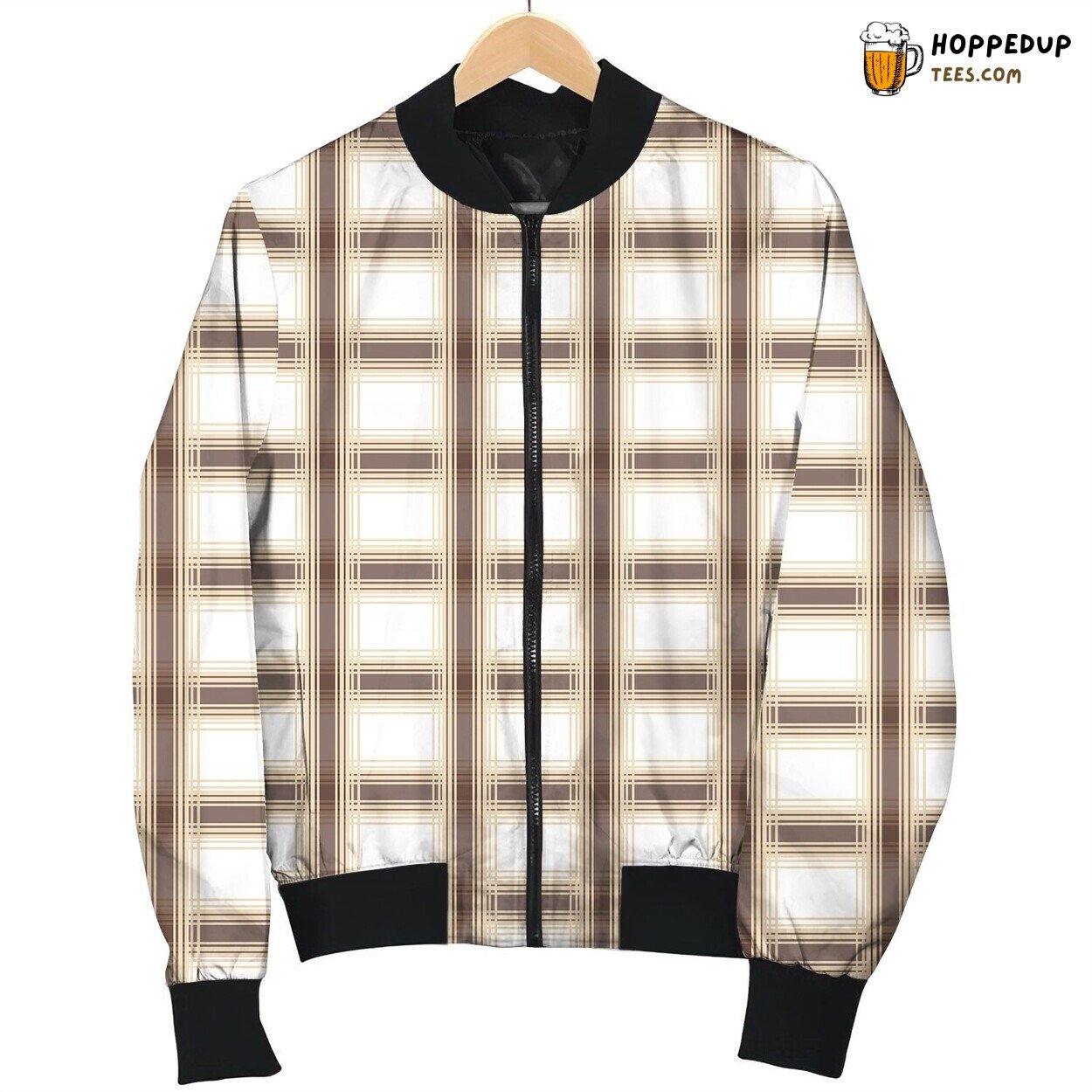 Brown And White Gingham Bomber Jacket