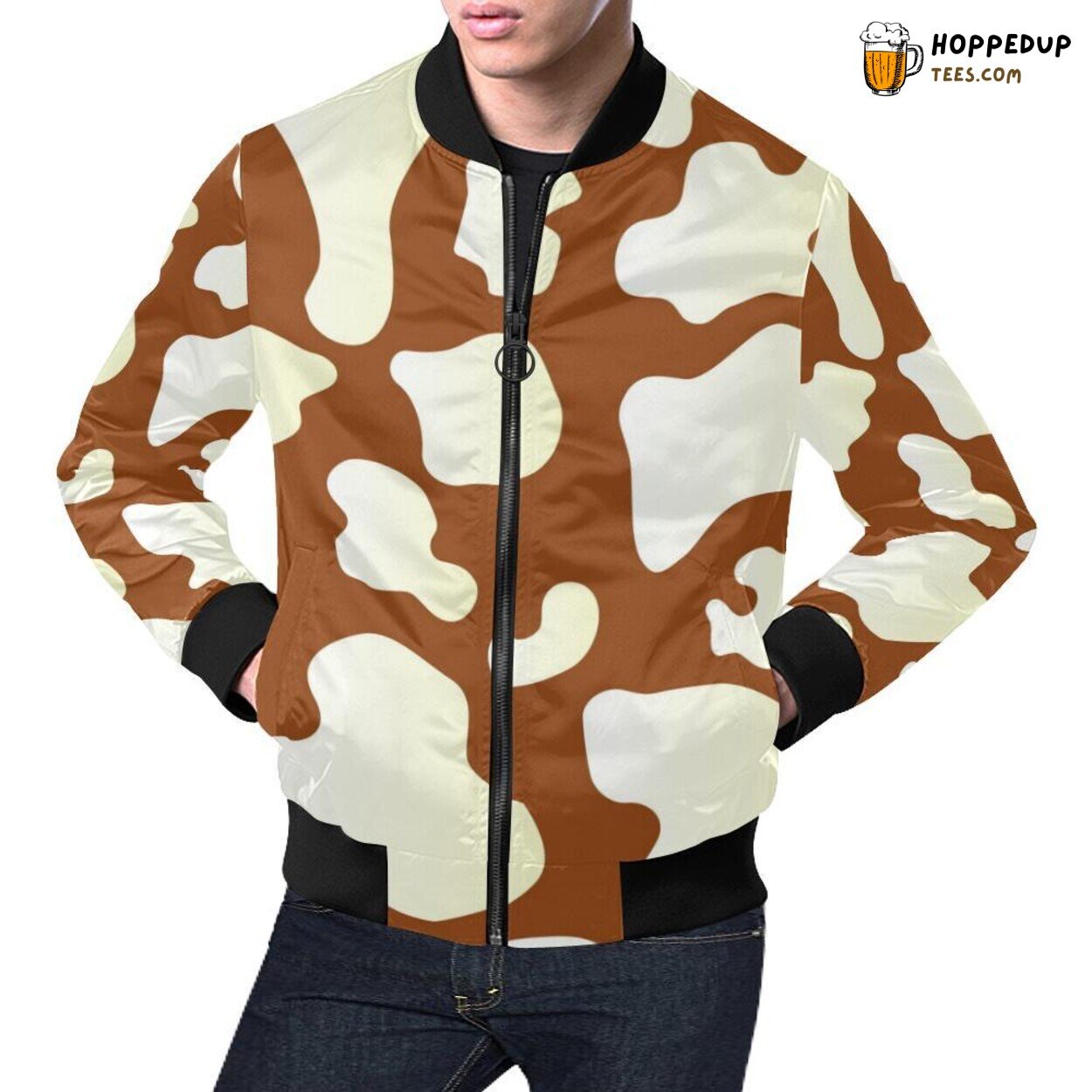 Brown Cow Pattern Distinct Print Men’s Bomber Jacket Designer Collection Brown Cow Pattern Distinct Print Men’s Bomber Jacket Designer Collection
