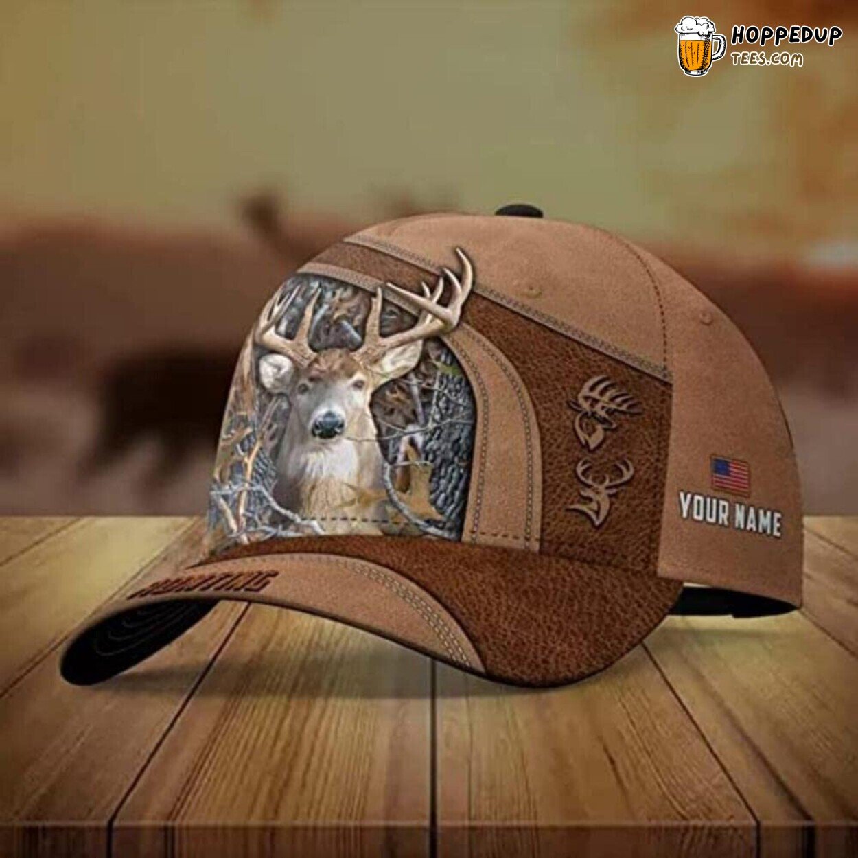 Brown Leather Deer Hunting 3D Hat Personalized Unique Hunter Design