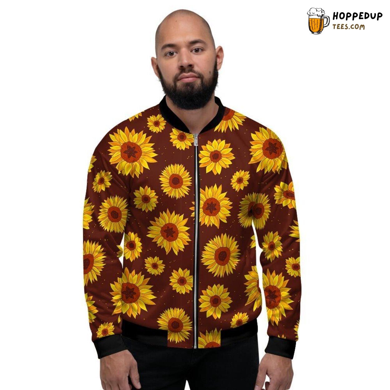 Brown Sunflower Floral Display Men’s Bomber Jacket Natural Elegance Tribute