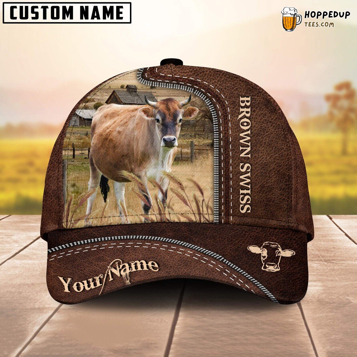 Brown Swiss 3D Leather Pattern Custom Cap Baseball Farm Animal Enthusiasts