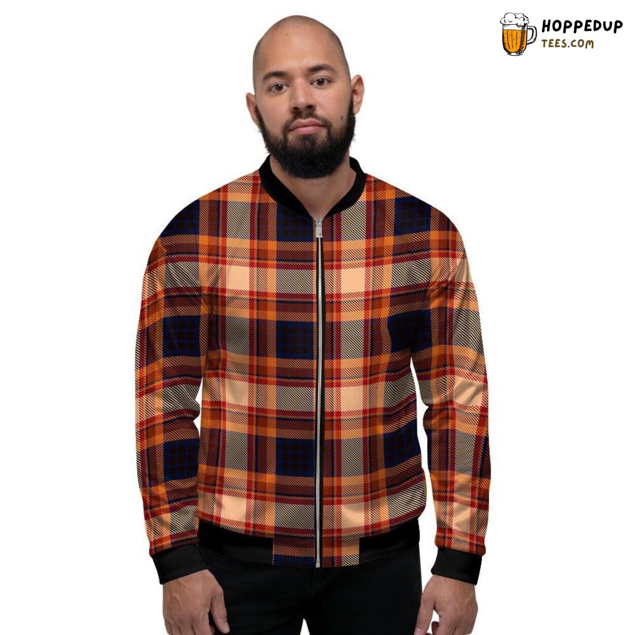 Brown Tartan Plaid Inspired Men’s Bomber Jacket Traditional Scottish Design