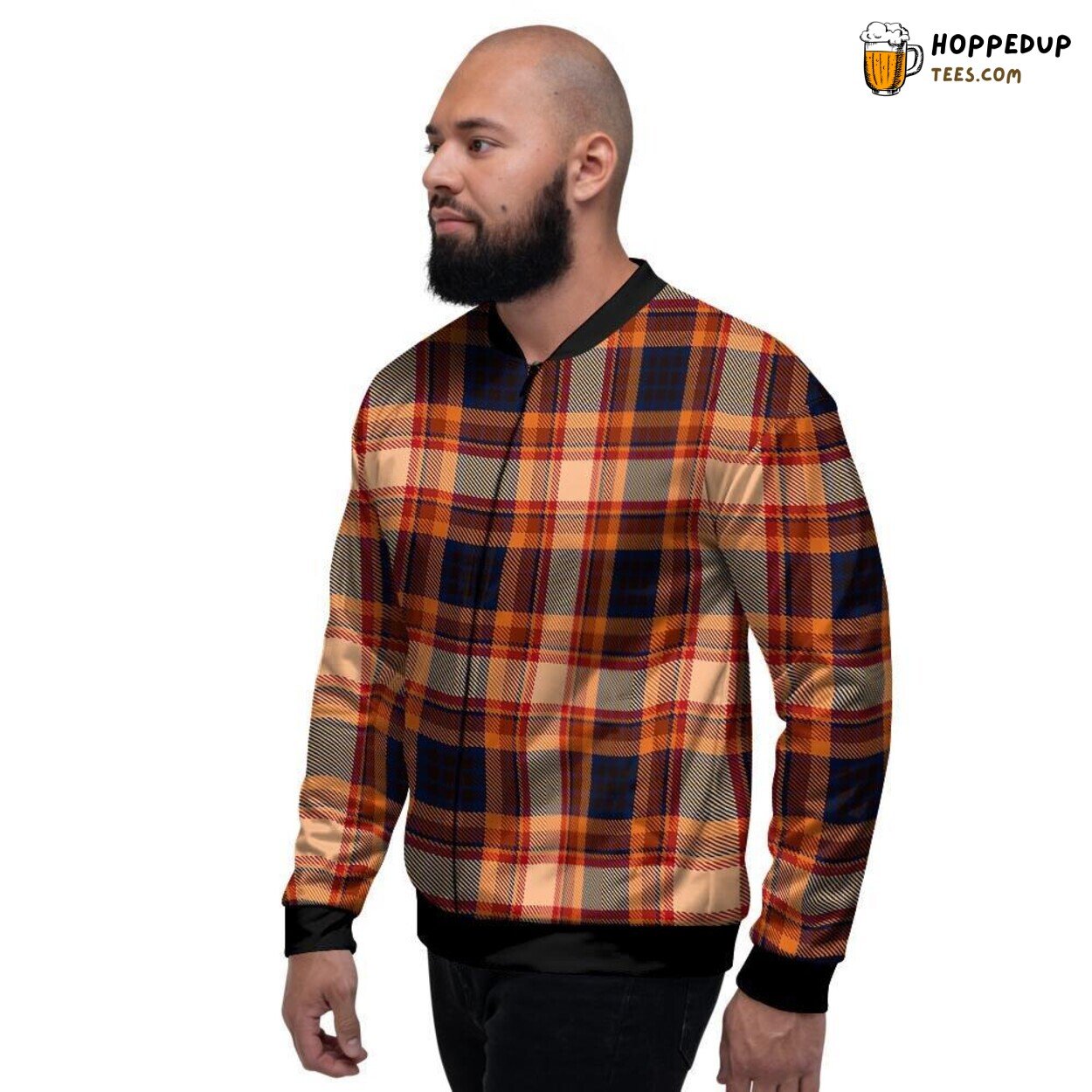 Brown Tartan Plaid Inspired Men’s Bomber Jacket Traditional Scottish Design