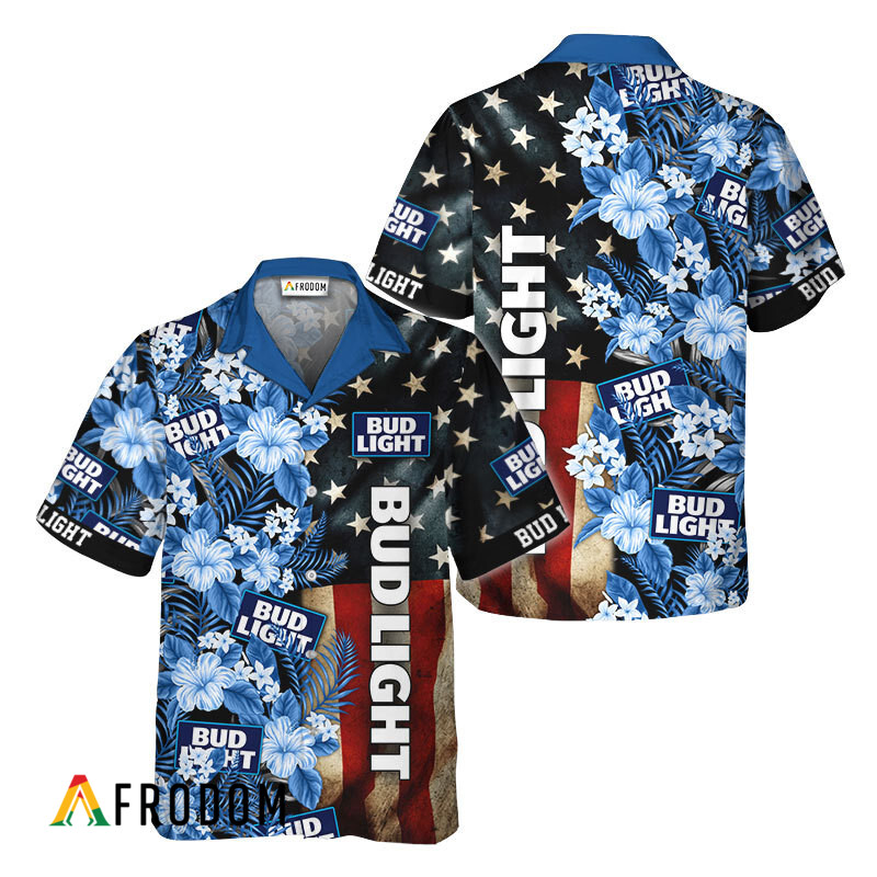 Bud Light American Flag Tropical Flower Hawaiian Shirt HU