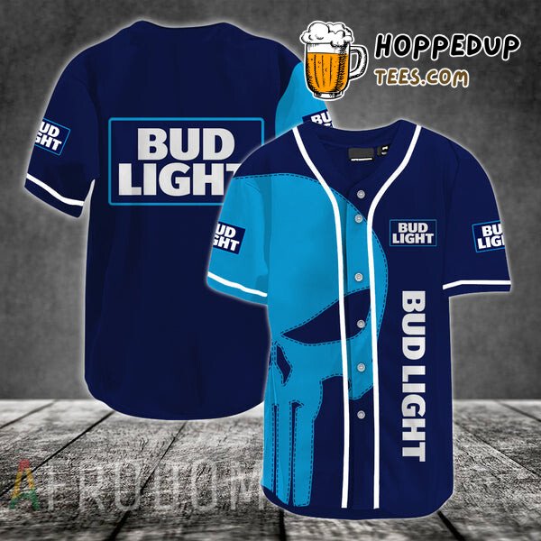 Bud Light Beer Skull Design Light Blue Baseball Jersey Unique Distinctive Look