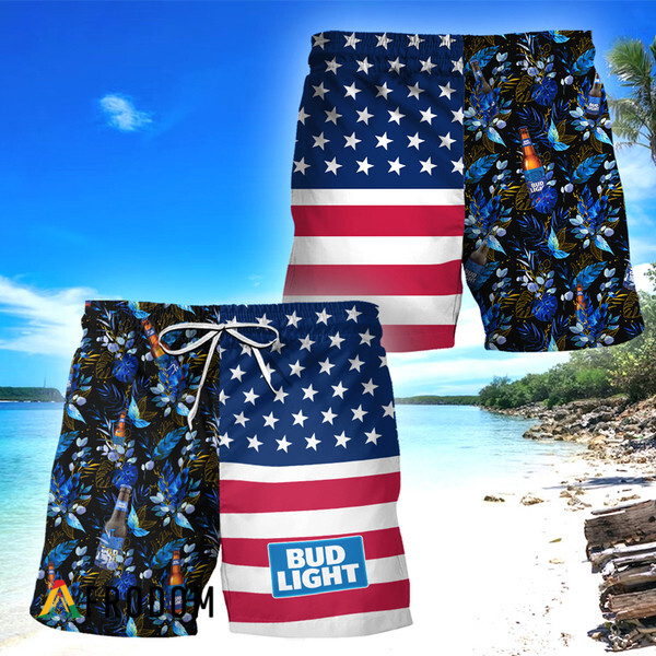 Bud Light Flower American Flag Hawaiian Shorts HU