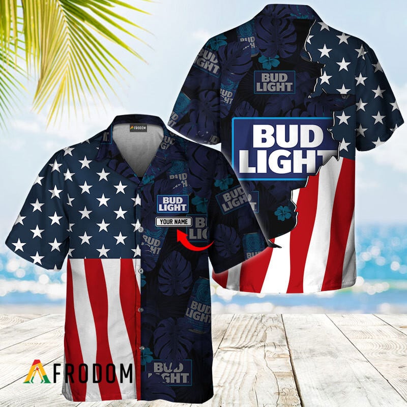 Bud Light Hawaiian Shirt with American Flag Tropical Vibes HU