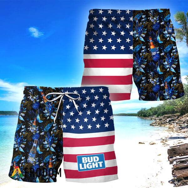 Bud Light Hawaiian Shorts American Flag Flower Design HU