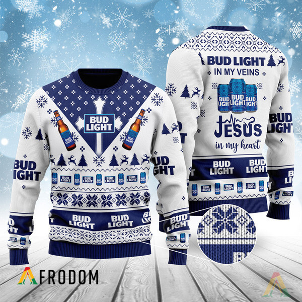 Bud Light In My Veins Jesus In My Heart Ugly Sweater HU