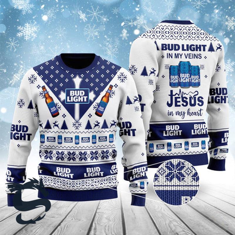 Bud Light In My Veins Jesus In My Heart Ugly Sweater HU