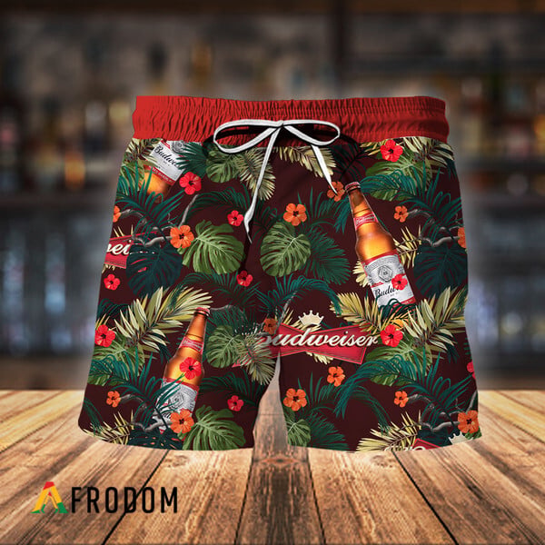 Budweiser Beer Hawaiian Shorts Aloha Summer Flowers HU