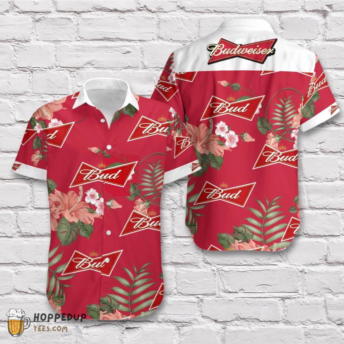 Budweiser Beer Hibiscus Flower Red Hawaiian Shirt