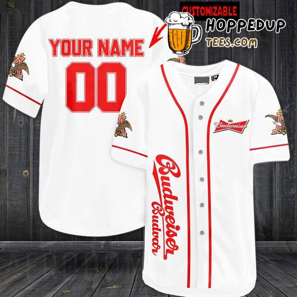 Budweiser Beer Inspired White Baseball Jersey Personalized Unique Design Look