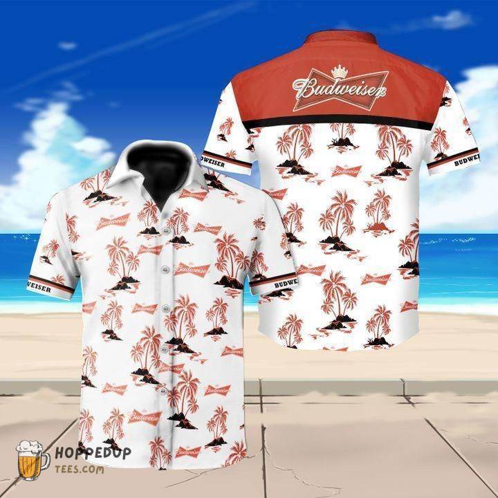 Budweiser Beer Tropical Palm Trees Red White Hawaiian Shirt
