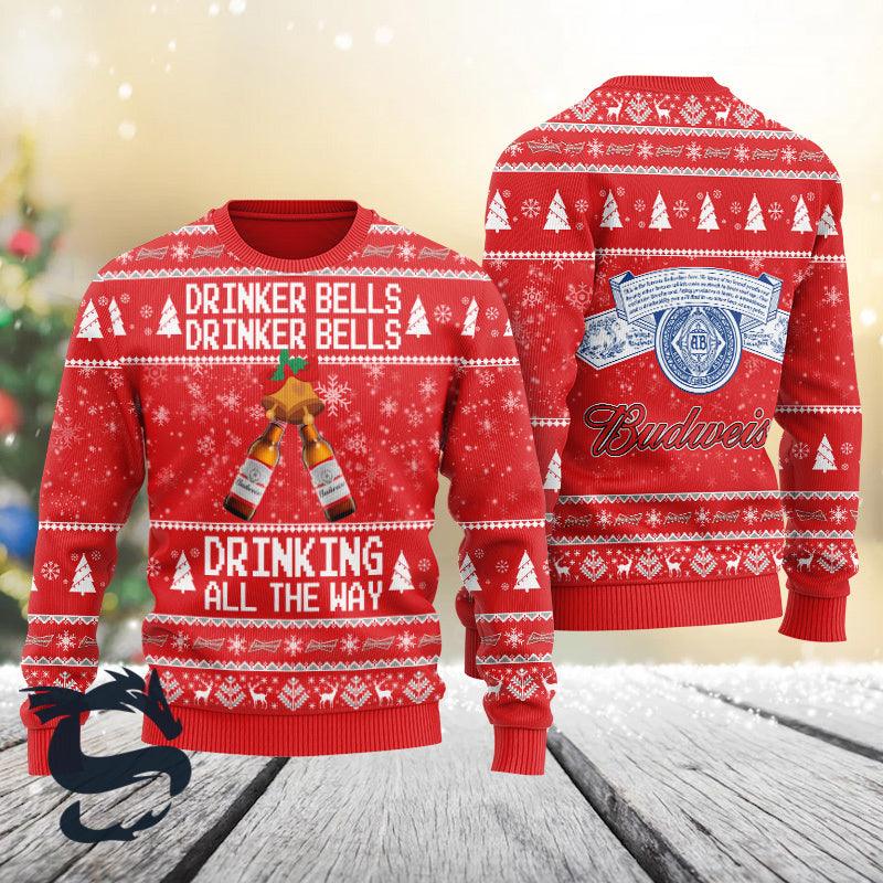 Budweiser Drinker Bells Drinking All The Way Christmas Ugly Sweater HU