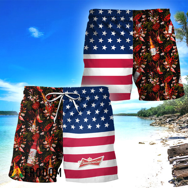 Budweiser Flower American Flag Hawaiian Shorts HU