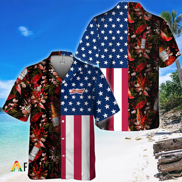 Budweiser Hawaiian Shirt with US Flag Tropical Flowers HU