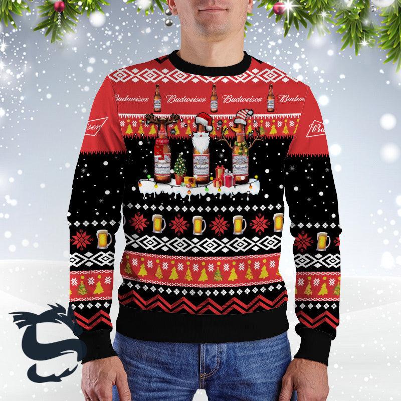 Budweiser Santa Reindeer Snowflake Ugly Christmas Sweater HU