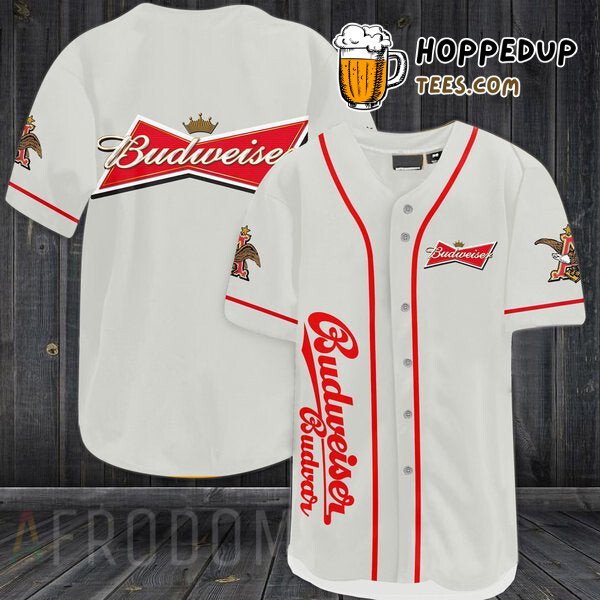 Budweiser White Themed Baseball Jersey Unique Distinctive Beer Design Look