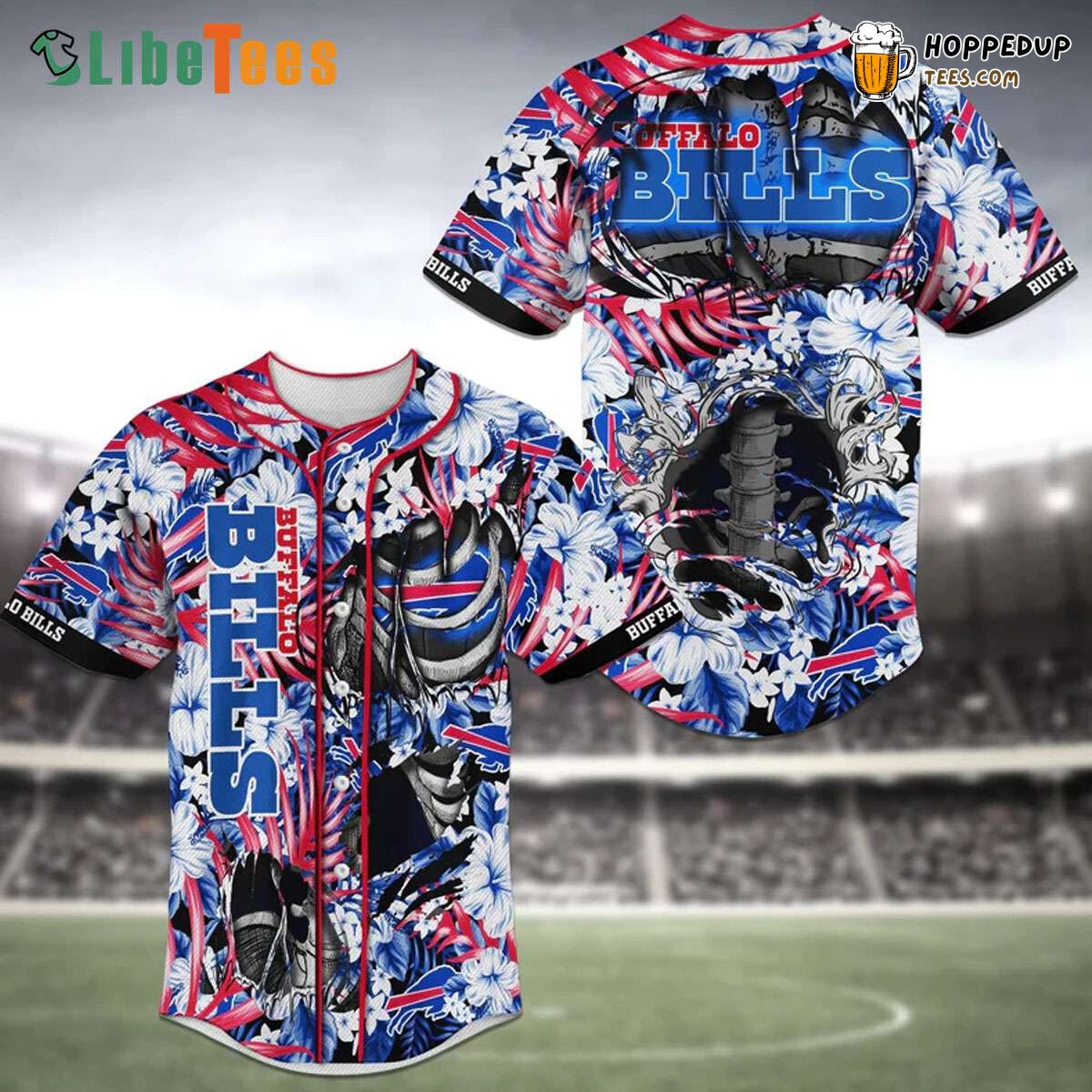 Buffalo Bills Themed Skeleton Flowers Baseball Jersey Artistic
