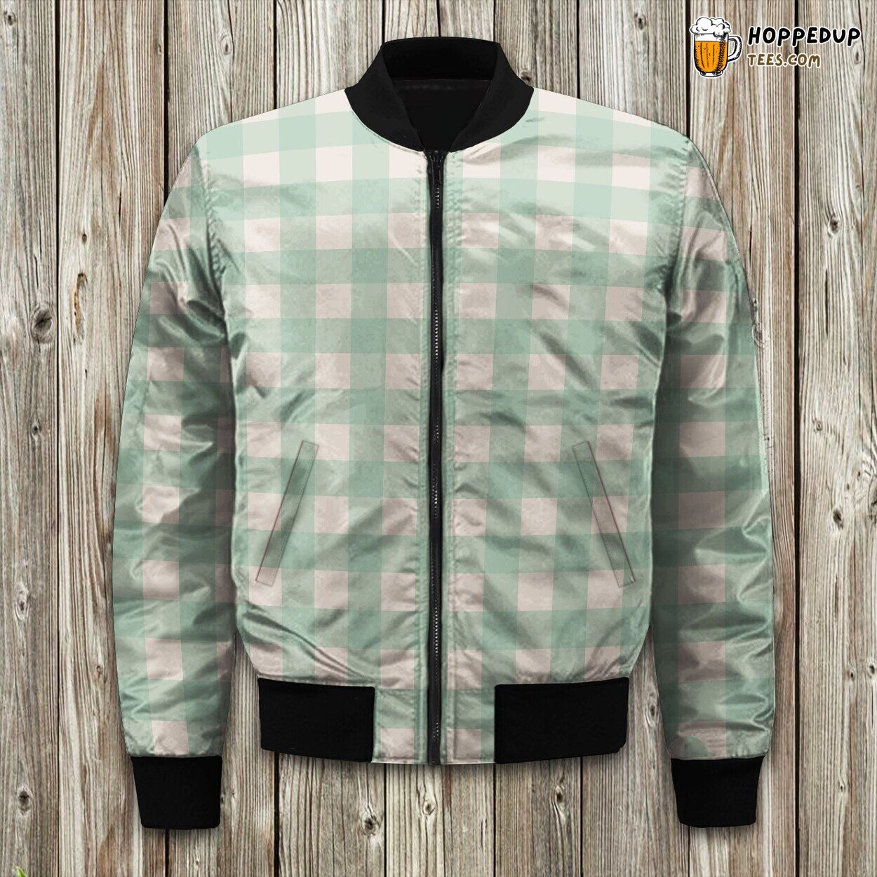 Buffalo Checks Plaid In Sage Green On Cream Bomber Jacket