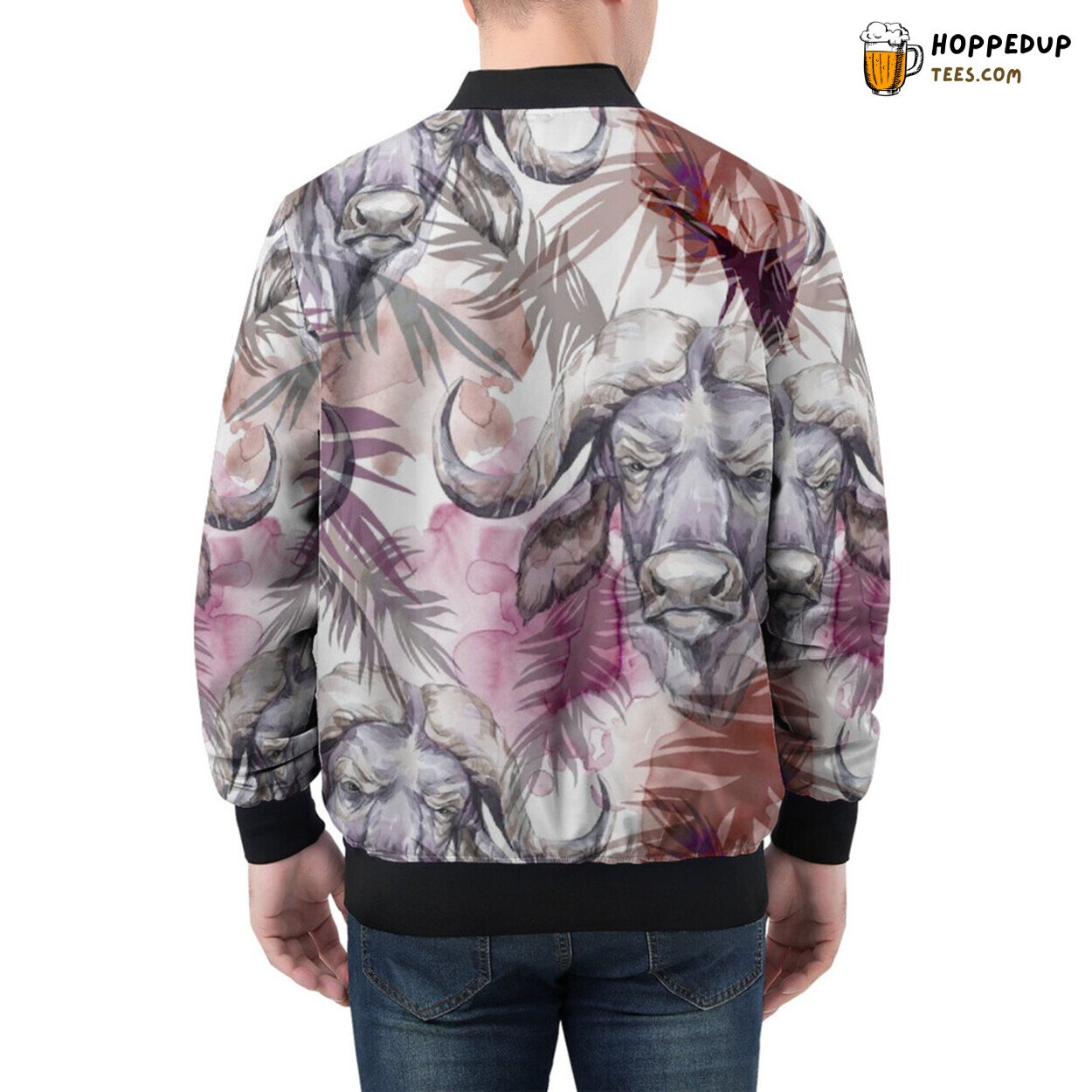 Buffaloes Amid Lush Tropical Leaves Define Men’s Bomber Jacket Art
