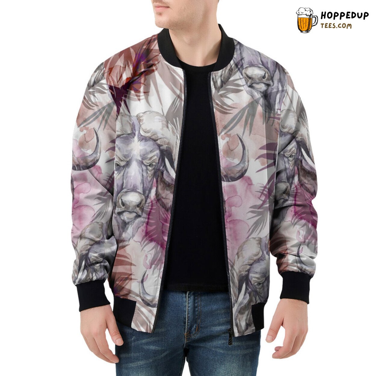 Buffaloes Amid Lush Tropical Leaves Define Men’s Bomber Jacket Art