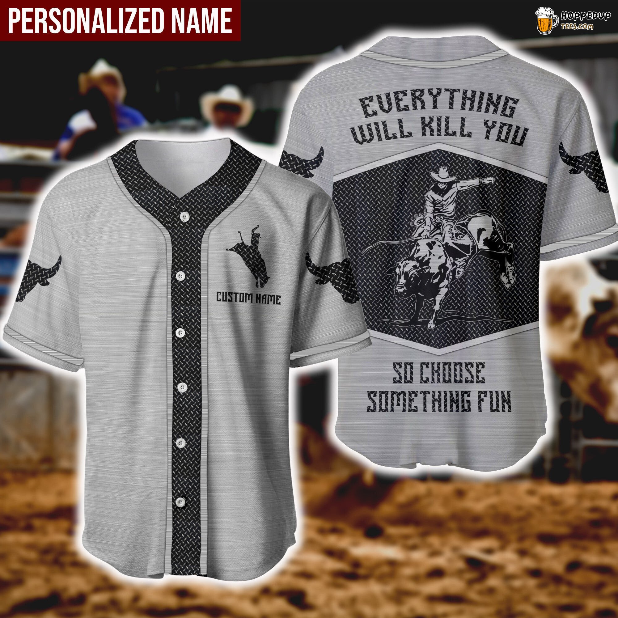 Bull Riding Theme Baseball Jersey Metal Inspired Personalized Design Style